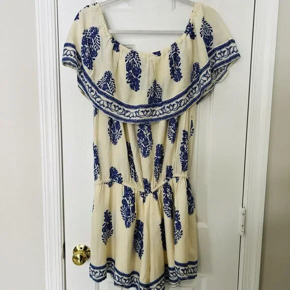 Kori America Blue & Ivory Feather Boho Ruffly Off Shoulder Romper Size Large - Picture 8 of 9